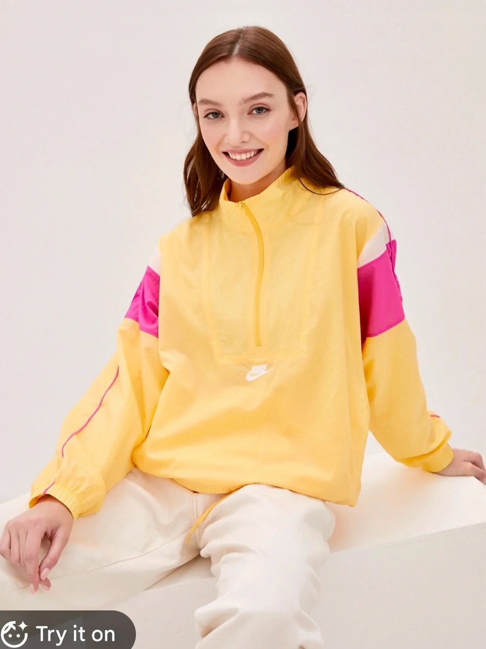 Vintage Nike 90’s Women's Yellow & Pink Quarter-Zip Windbreaker Jacket XS
